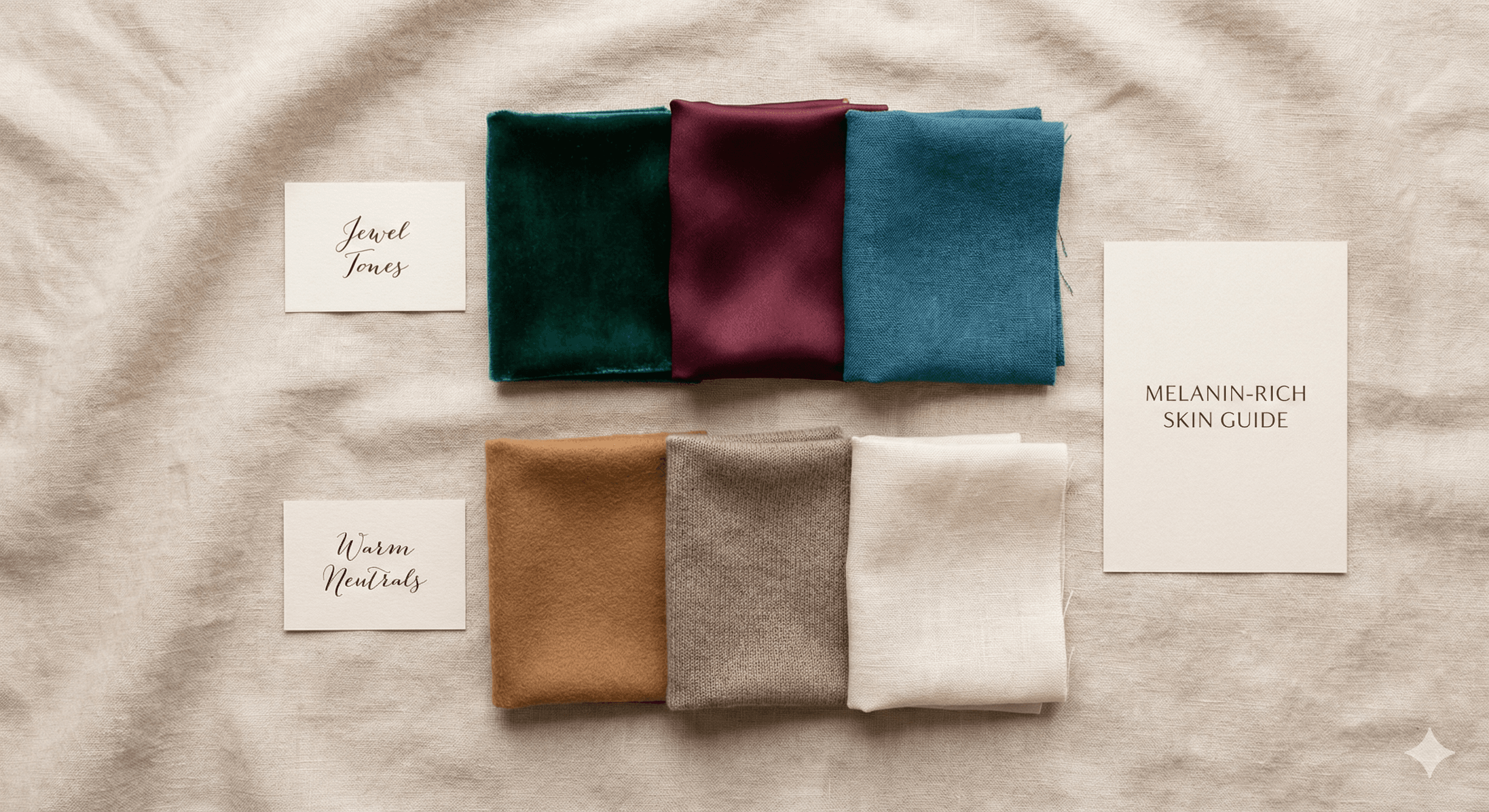 Vibrant color palette swatches arranged around brown skin tone samples