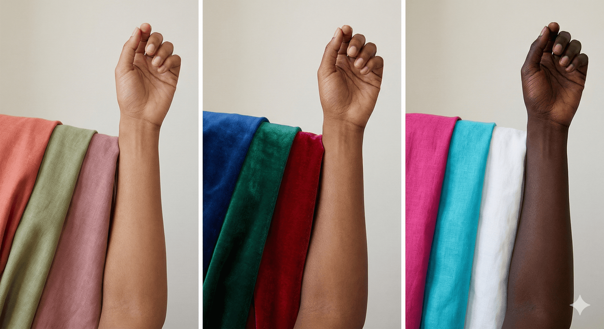 Three-panel comparison showing how color intensity should adjust for light, medium, and deep brown skin