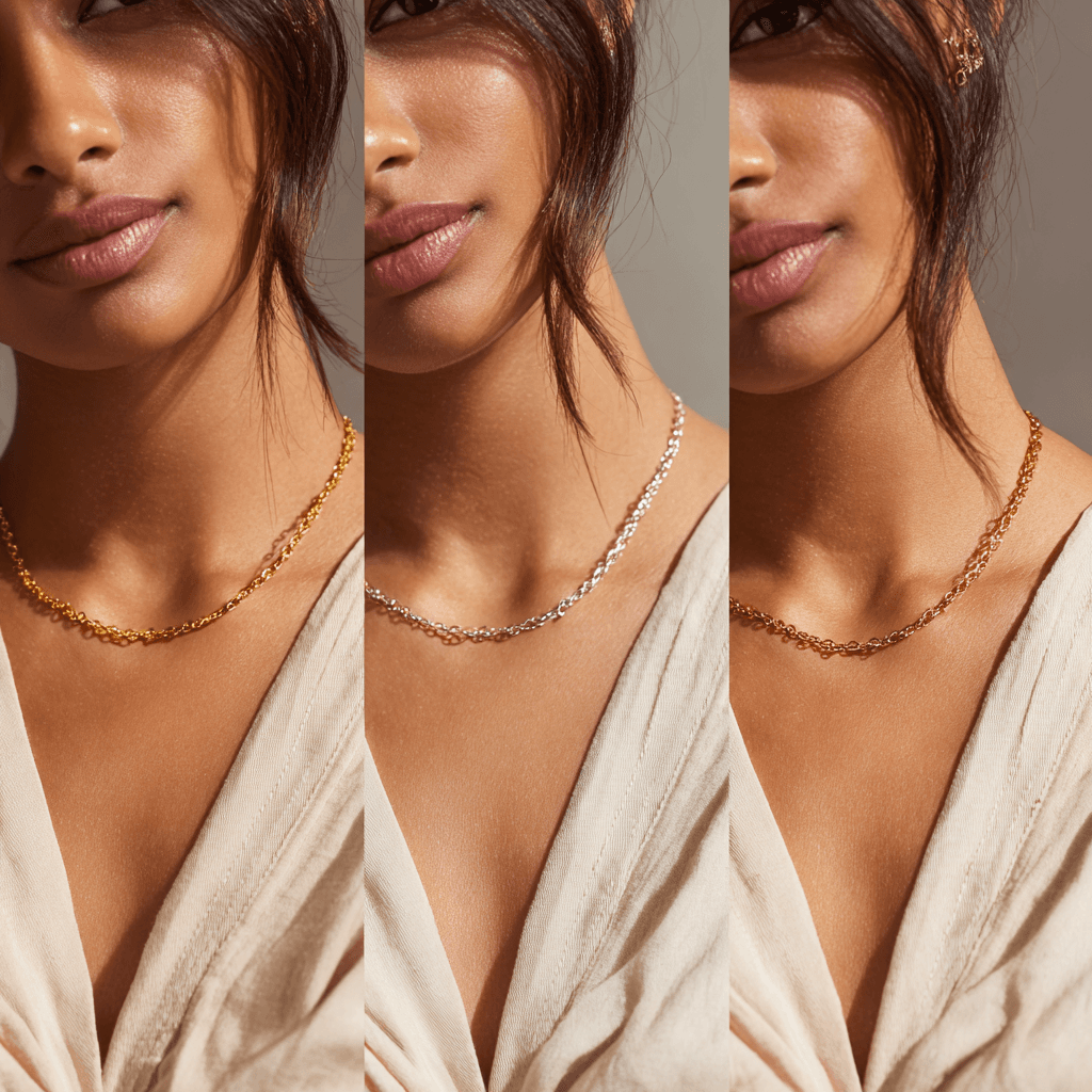 Gold silver and rose gold jewelry on brown skin