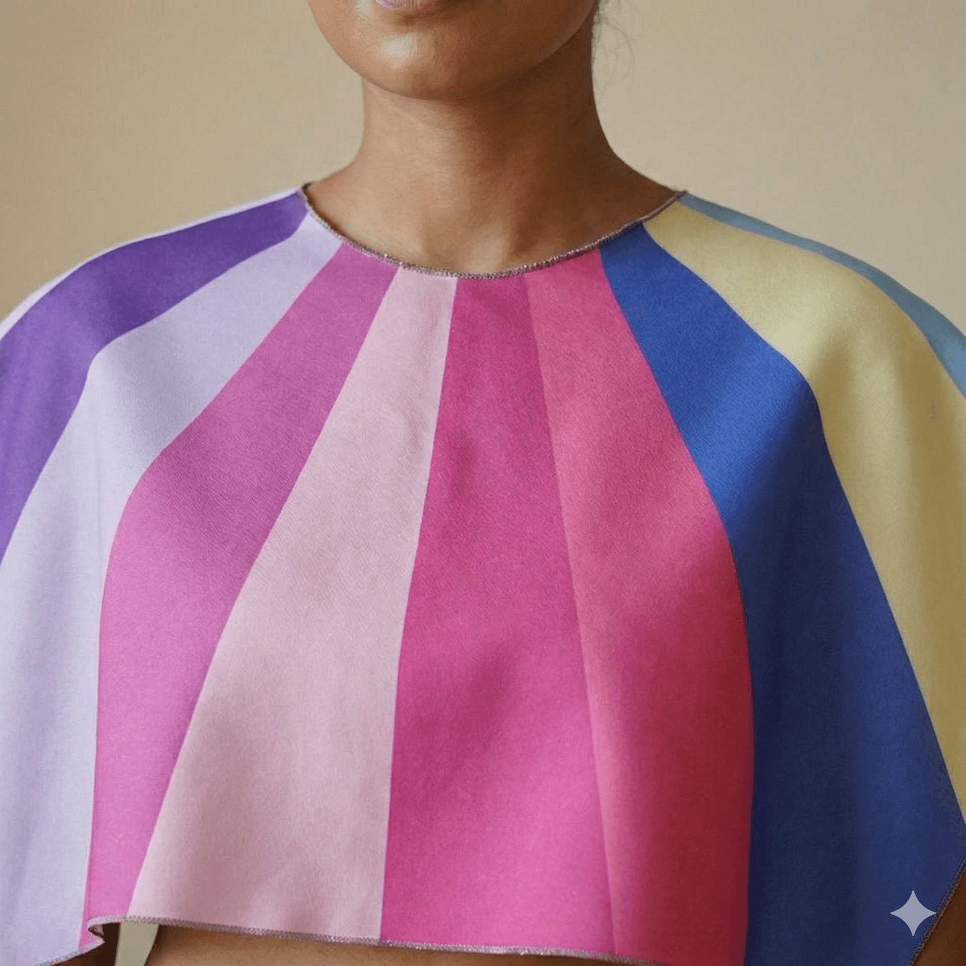 Person with brown skin testing different colored fabrics against their face