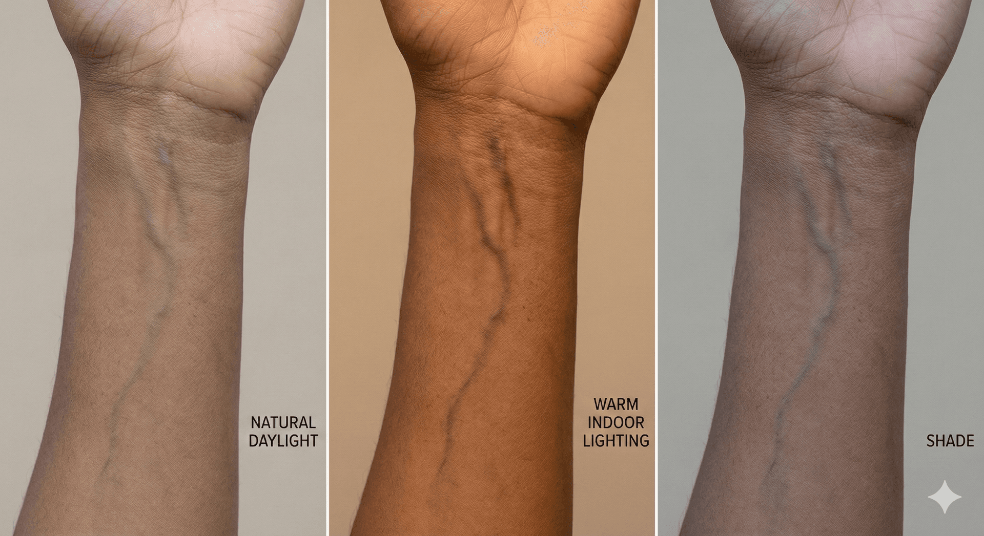 Same wrist veins appearing different colors under various lighting conditions